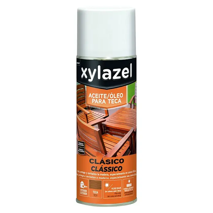 Xylazel Aceite para teca Clásico - 400 ml, Teca - Spray aceite de teca Xylazel: Protege y revitaliza la madera en interiores y exteriores, con filtro UV para una belleza duradera.
