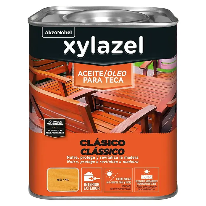 Xylazel Aceite para teca Clásico - 750 ml, Miel - Un bote de aceite para madera Xylazel para proteger y revitalizar la madera, especialmente para teca, con protección UV y color miel.