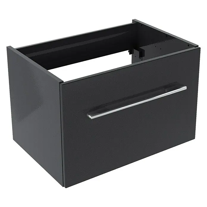 Camargue Stella Waschtischunterschrank - 59,2 x 40,8 x 39 cm, Ohne Beleuchtung, Grafit - Grauer, schwebender Waschtischunterschrank mit einer Schublade und einem modernen, horizontalen Griff auf schwarzem Hintergrund.