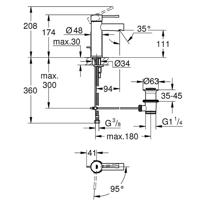 Grohe Essence New Waschtischarmatur S-Size - Chrom, Glänzend, Energiespar-Funktion, L-Auslauf - Abbildung einer technischen Zeichnung einer Armatur mit Maßangaben und Details zur Installation.