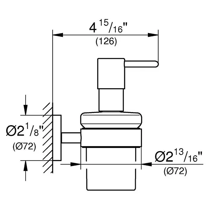 Grohe Essentials Dispensador de jabón - Súper acero - Dibujo técnico de un dispensador de pared, que muestra su perfil lateral y dimensiones clave en pulgadas y milímetros.