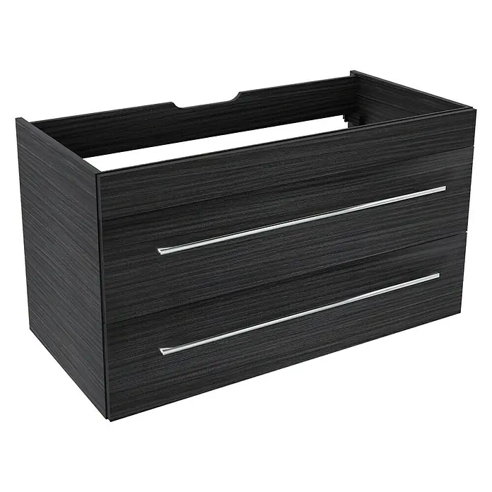 Camargue Stella Waschtischunterschrank - 99,4 x 48,8 x 55 cm, Ohne Beleuchtung, Dark Oak - Das Bild zeigt einen modernen Waschtischunterschrank mit zwei Schubladen in dunkler Holzoptik und eleganten, silberfarbenen Griffen.