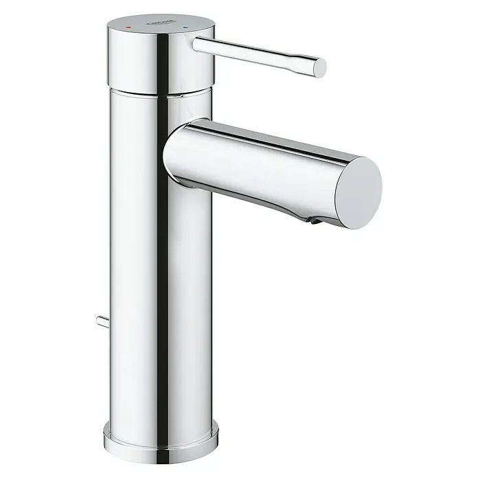 Grohe Essence New Waschtischarmatur S-Size - Chrom, Glänzend, Energiespar-Funktion, L-Auslauf - Das Bild zeigt eine elegante, verchromte Waschtischarmatur von Grohe mit einem minimalistischen Design und klaren Linien.