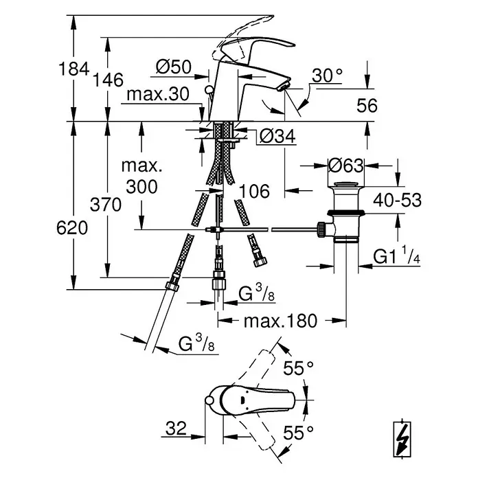 Grohe Eurosmart Waschtischarmatur - Niederdruck, Chrom, Glänzend - Eine detaillierte Schemazeichnung eines Wasserhahns mit allen Maßen und Anschlüssen für die Installation.