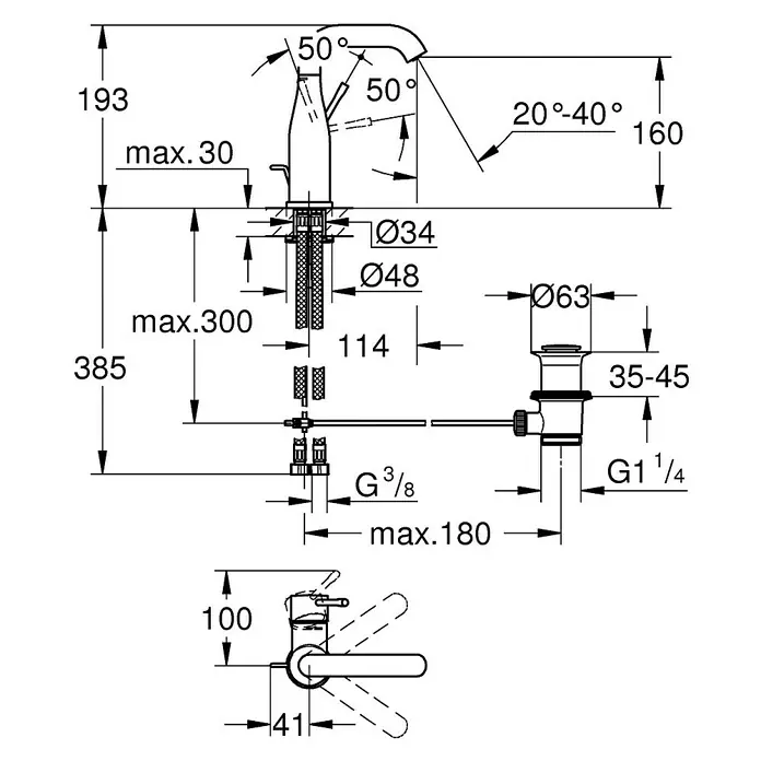 Grohe Essence New Waschtischarmatur M-Size - Mit Zugstange, Warm Sunset, Matt - Technische Zeichnung einer Armatur mit Bemaßungen, die die Installationsdetails und Abmessungen des Produkts zeigt.