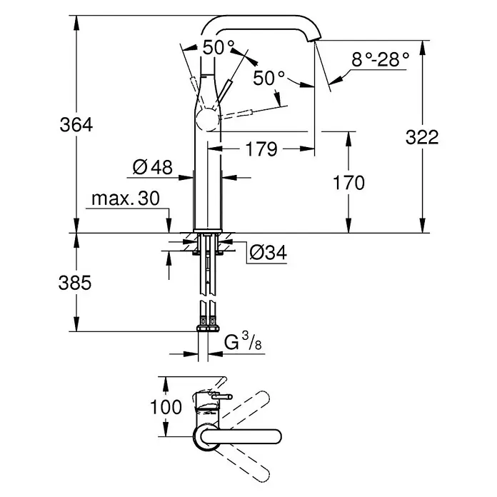 Grohe Essence New Waschtischarmatur XL-Size - Warm Sunset, Matt - Produktbild eines Wasserhahns mit Maßangaben. Die detaillierte Zeichnung zeigt die Abmessungen und Winkel des Wasserhahns.