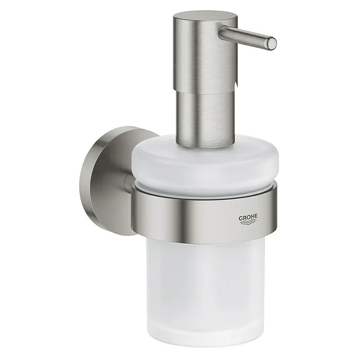 Grohe Essentials Seifenspender - Mit Halterung, Supersteel, Matt - Wandmontierter Seifenspender von Grohe mit satiniertem Glasbehälter und gebürstetem Nickel-Finish für ein modernes Badezimmerdesign.