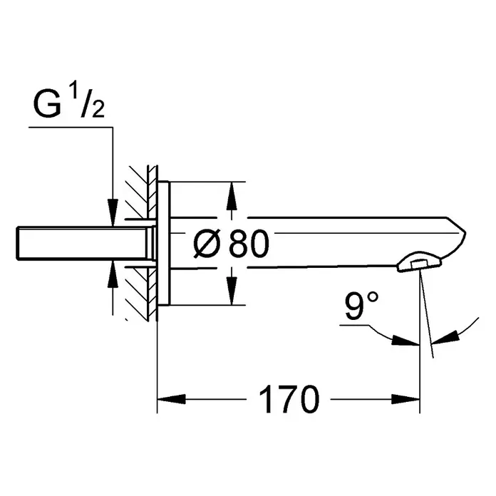 Grohe Eurodisc Cosmopolitan UP-Wanneneinlauf - Chrom, Glänzend - Technische Zeichnung einer Armatur. Die Armatur ist mit den Maßen G 1/2, Ø 80, 170 und einem Winkel von 9° beschriftet.