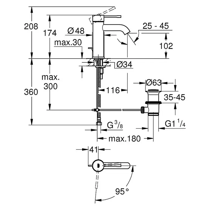 Grohe Essence New Waschtischarmatur S-Size - Chrom, Glänzend, Mit Energiespar-Funktion - Technische Zeichnung eines Wasserhahns mit detaillierten Maßangaben und verschiedenen Ansichten zur Montage.