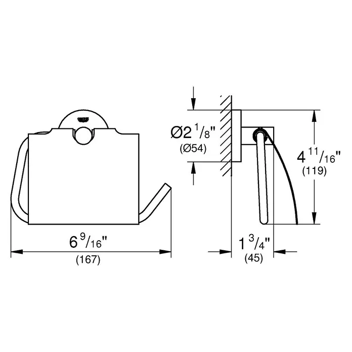 Grohe Essentials Toilettenpapierhalter - Mit Deckel, Hard Graphite, Matt - Schemazeichnung eines Toilettenpapierhalters mit Maßangaben für eine detaillierte Produktansicht.