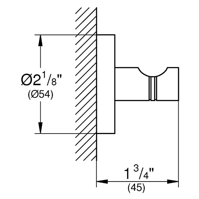 Grohe Essentials Bademantelhaken - Cool Sunrise, Glänzend - Technische Zeichnung einer Wandhalterung mit den Maßen Ø2 1/8" (Ø54) und 1 3/4" (45). Die Halterung ist zur Wandmontage.