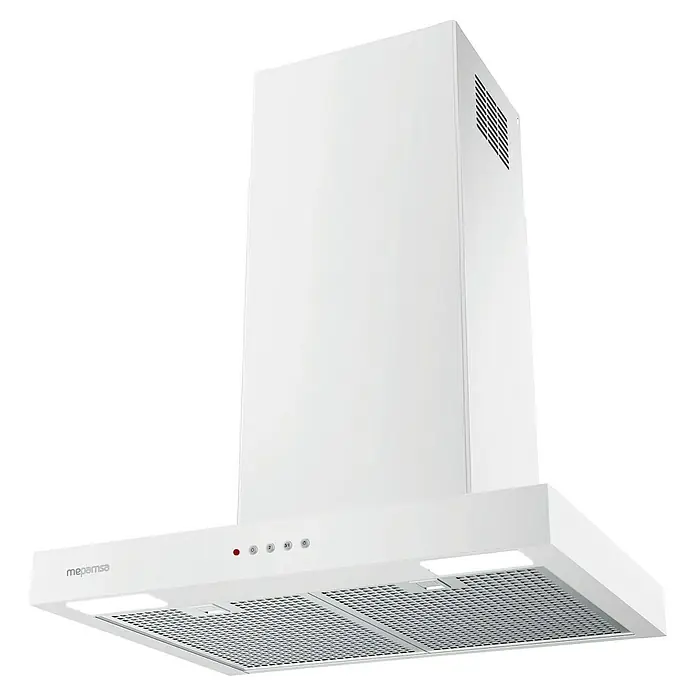 Mepamsa Campana de pared Stilo Neo - Ancho: 59,8 cm, Máx. Potencia del ventilador en modo extracción: 710 m³/h, Blanco mate - Primer plano de una campana extractora blanca de Mepamsa, que muestra un diseño moderno y una ventilación eficiente de la cocina.