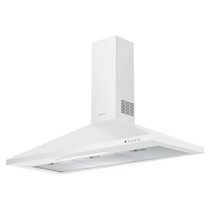 Mepamsa Campana de pared Gavia - Ancho: 89,8 cm, Máx. Potencia del ventilador en modo extracción: 740 m³/h, Blanco - Primer plano de una campana extractora blanca con función de escape y botones de control para una fácil operación.