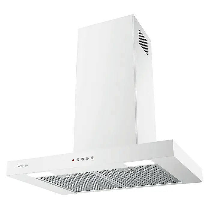 Mepamsa Campana de pared Stilo Neo - Ancho: 69,8 cm, Máx. Potencia del ventilador en modo extracción: 710 m³/h, Blanco mate - Primer plano de una campana extractora blanca de Mepamsa, que muestra su diseño moderno y su funcionalidad eficiente para cualquier cocina.