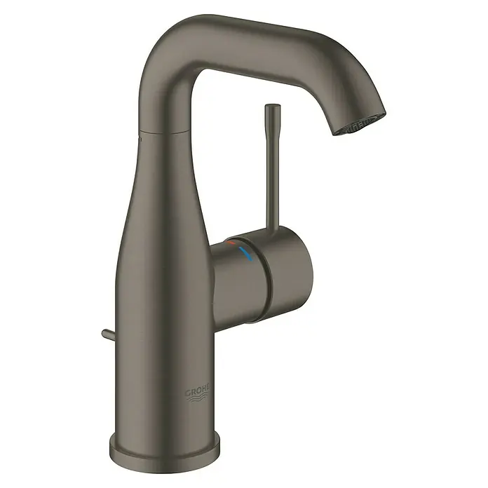 Grohe Essence New Waschtischarmatur M-Size - Mit Zugstange, Hard Graphite, Matt - Einhand-Waschtischarmatur in gebürstetem Graphit-Farbton, elegantes Design für moderne Badezimmer.