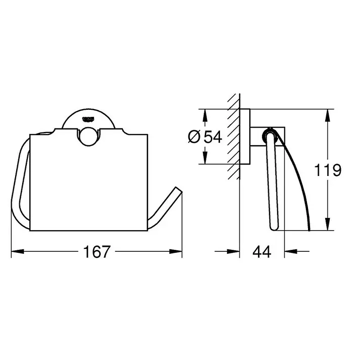 Grohe Essentials Toilettenpapierhalter - Mit Deckel, Supersteel, Glänzend - Abbildung einer Toilettenpapierhalterung mit Maßangaben zur Montage und Installation des Produkts im Badezimmer.