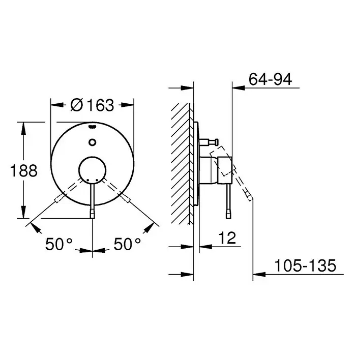 Grohe Essence UP-Badewannenarmatur - Cool Sunrise, Matt - Schematische Darstellung der Grohe Essence Einhand-Brausebatterie mit Maßangaben zu Durchmesser, Höhe und Ausladung.