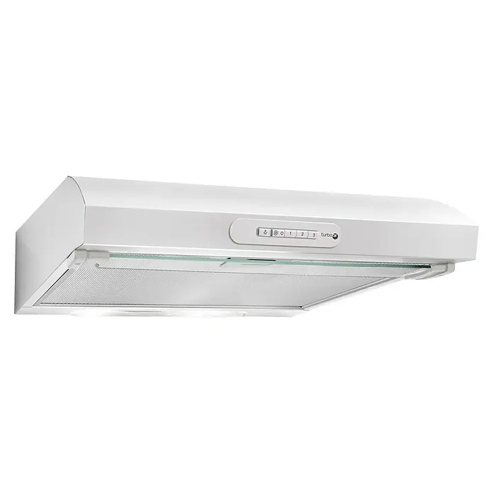 Turboair Campana integrable Moran Lux - Ancho: 60 cm, 320 m³/h, Blanco - Primer plano de una campana extractora blanca, con panel de control y sistema de iluminación.