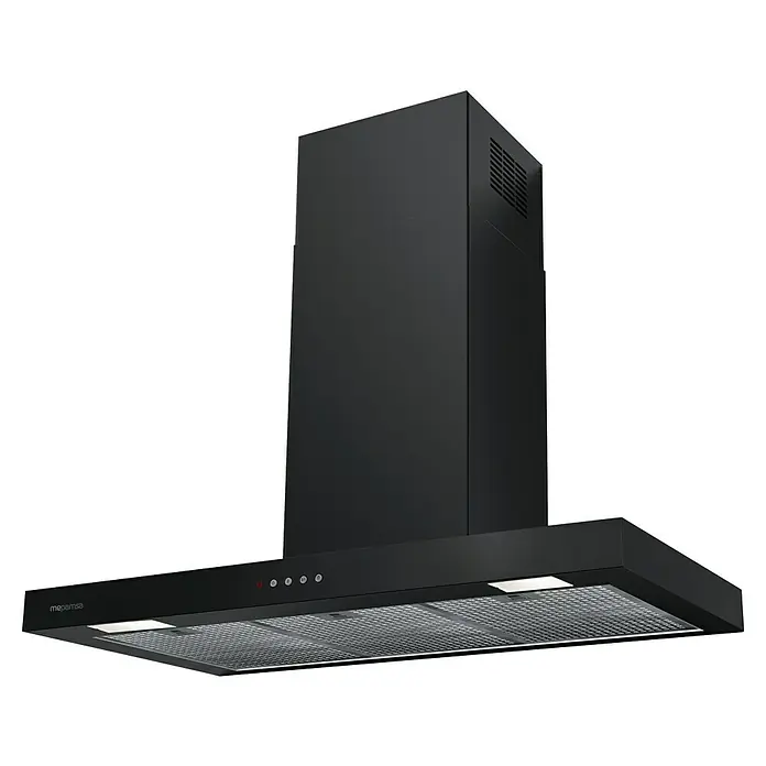 Mepamsa Campana de pared Stilo Neo - Ancho: 89,8 cm, Máx. Potencia del ventilador en modo extracción: 710 m³/h, Negro mate - Campana extractora negra con luces y botones de control para la cocina.