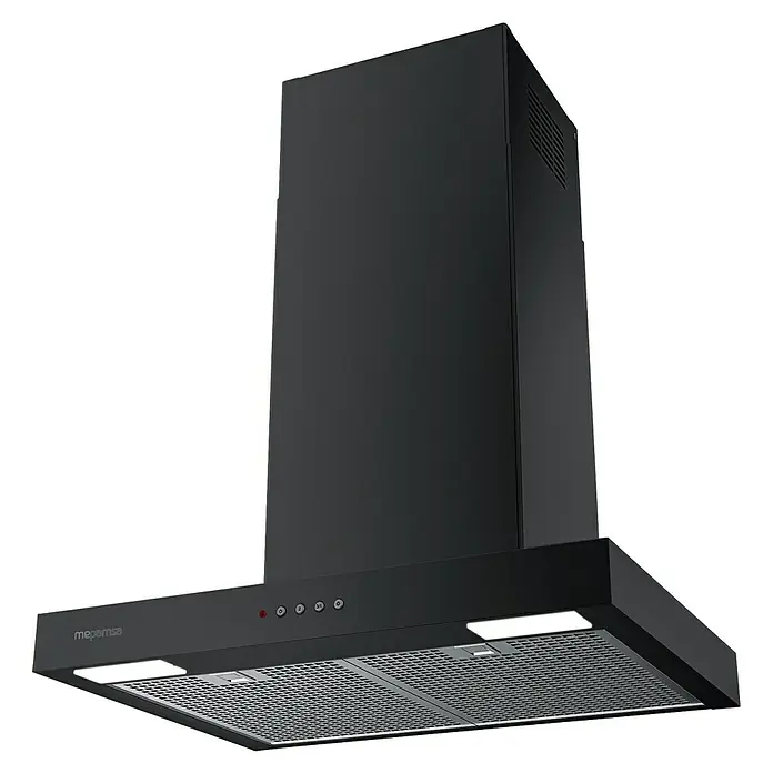 Mepamsa Campana de pared Stilo Neo - Ancho: 59,8 cm, Máx. Potencia del ventilador en modo extracción: 710 m³/h, Negro mate - Primer plano de una campana extractora negra de Mepamsa, que muestra su diseño elegante y funcionalidad en la cocina.