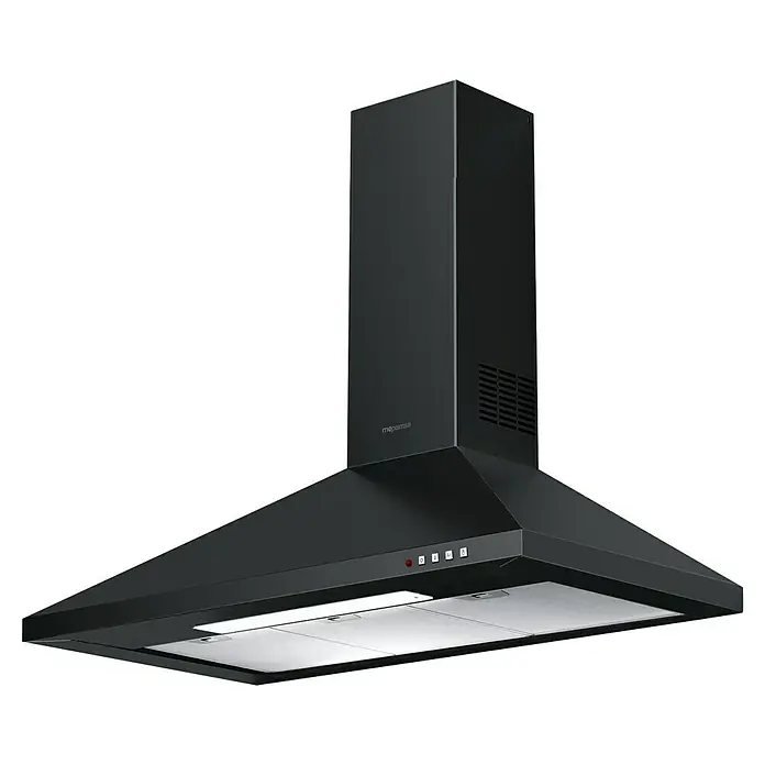 Mepamsa Campana de pared Gavia - Ancho: 69,8 cm, Máx. Potencia del ventilador en modo extracción: 740 m³/h, Negro - Imagen de una campana extractora negra. Diseño elegante para una cocina moderna, ofrece una eliminación eficiente de vapor y olores.