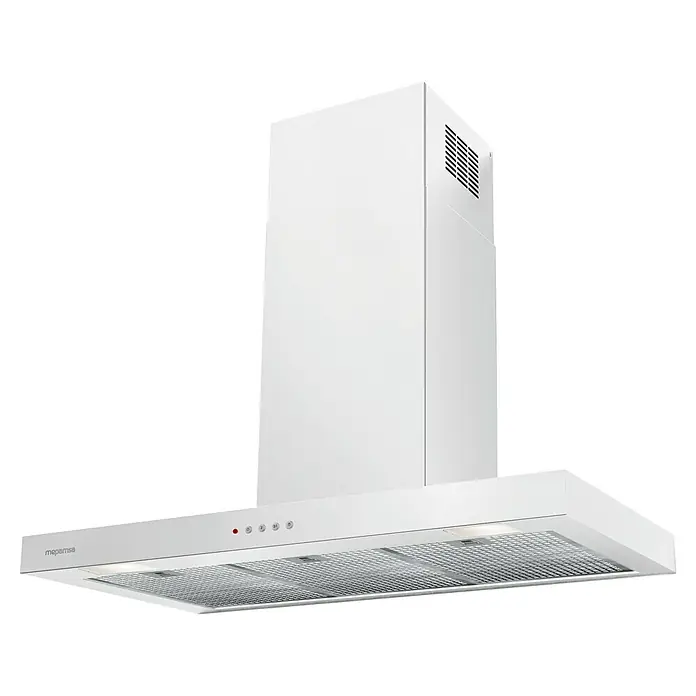 Mepamsa Campana de pared Stilo Neo - Ancho: 89,8 cm, Máx. Potencia del ventilador en modo extracción: 710 m³/h, Blanco mate - La imagen muestra una campana extractora blanca diseñada para ser montada sobre una placa de cocina para extraer los humos de la cocción.