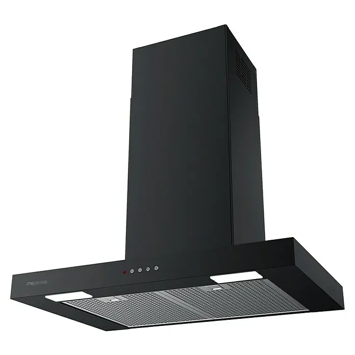 Mepamsa Campana de pared Stilo Neo - Ancho: 69,8 cm, Máx. Potencia del ventilador en modo extracción: 710 m³/h, Negro mate - Primer plano de una campana extractora Mepamsa en negro elegante, que combina funcionalidad con diseño moderno.