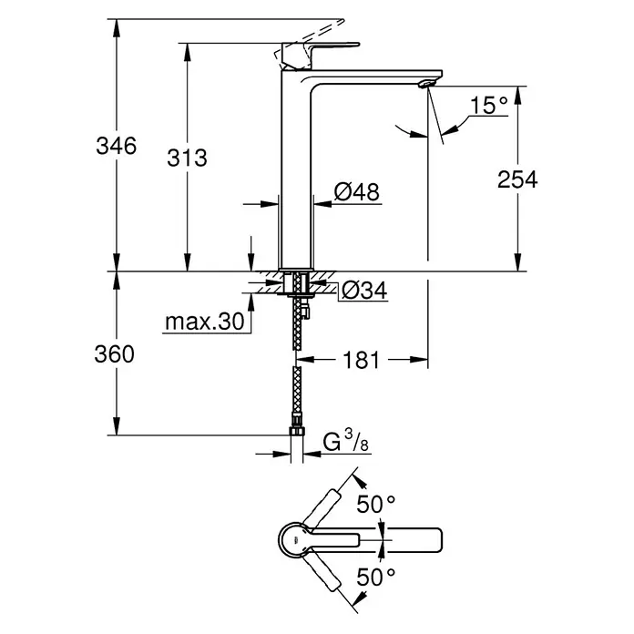 Grohe Lineare Waschtischarmatur XL-Size - Chrom, Glänzend - Technische Zeichnung einer Armatur mit Maßen und Winkeln. Die Armatur ist detailliert bemaßt.