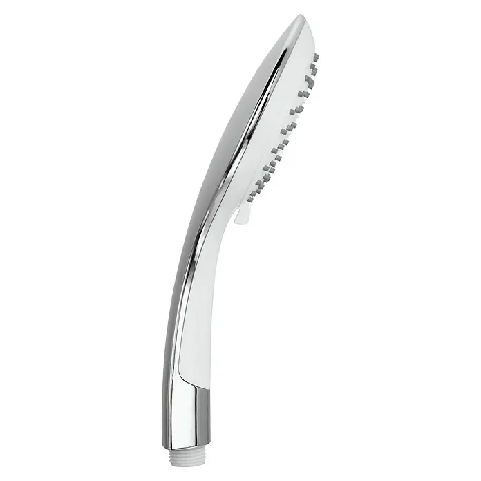 Camargue Handbrause Guarriza - Anzahl Funktionen: 5 Stk., Weiß/Chrom - Nahaufnahme eines verchromten Handbrausekopfes mit grauen Düsen vor einem weißen Hintergrund.