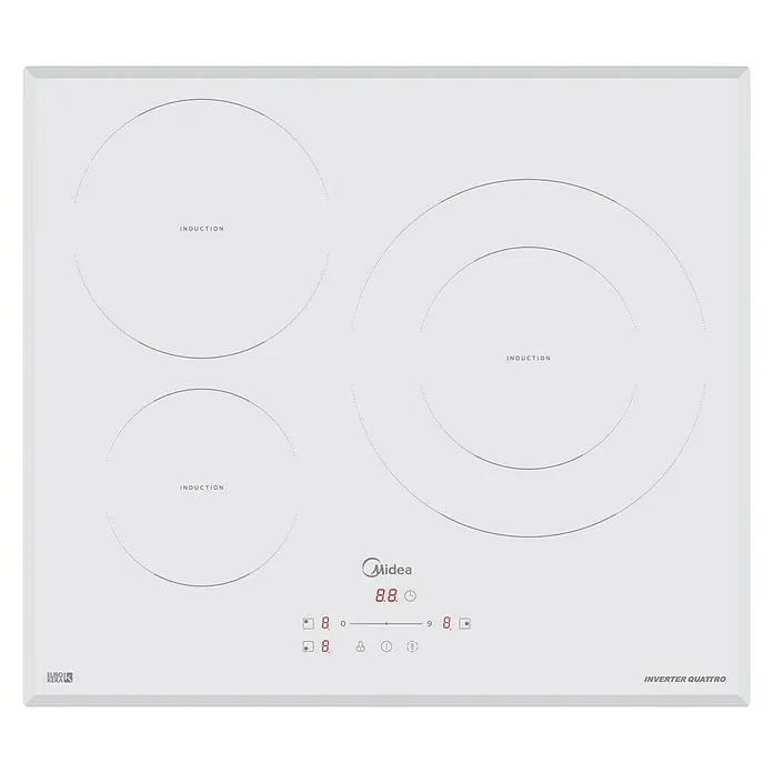 Midea Placa de cocción MIH740T278W1 - Número de fogones de inducción: 3 ud., Vidrio - Primer plano de la placa de inducción Midea Inverter Quattro en blanco, que muestra su diseño moderno y tecnología de cocción avanzada.
