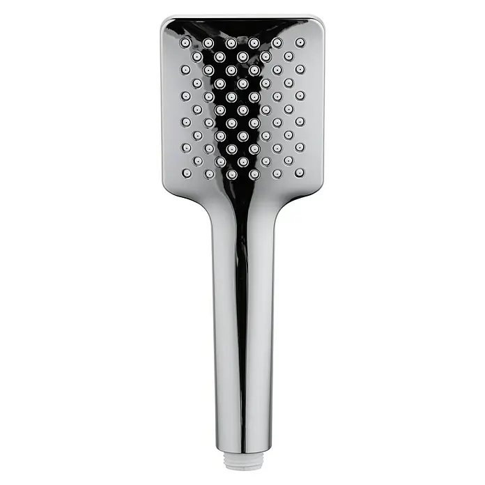 Mixomat Handbrause Laksfors - Anzahl Funktionen: 1 Stk., Chrom - Nahaufnahme eines modernen, rechteckigen Duschkopfs mit Chromfinish und kleinen Wasserdüsen. Elegantes Design für Duschen.