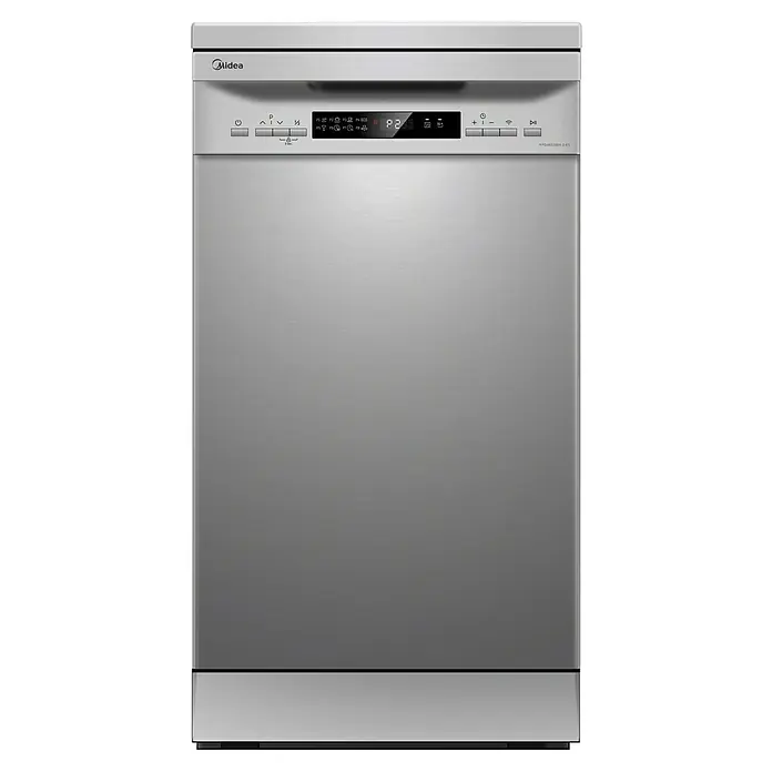 Midea Lavavajillas libre instalación MFD45S200X2ES - Ancho: 45 cm, Número de cubiertos: 10 ud., Consumo de agua por uso: 9 l - Vista frontal de un lavavajillas Midea plateado, que ofrece una solución de lavado de platos moderna y eficiente para el hogar.