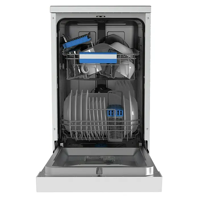 Midea Lavavajillas libre instalación MFD45S200X2ES - Ancho: 45 cm, Número de cubiertos: 10 ud., Consumo de agua por uso: 9 l - Imagen de un lavavajillas abierto, lleno de platos, listo para iniciar un ciclo de limpieza.
