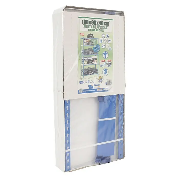 Simonrack Simonclick Metallregal Simonclick Plus - H x B x T: 200 x 100 x 50 cm, Traglast pro Boden: 180 kg, Anzahl Böden: 5 Stk., Stecken, Blau/Orange/Silber - Verpackte blaue SIMONCLICK 5/400 Regaleinheit (180x90x40cm) mit Montageanleitung und technischen Daten auf der Verpackung.