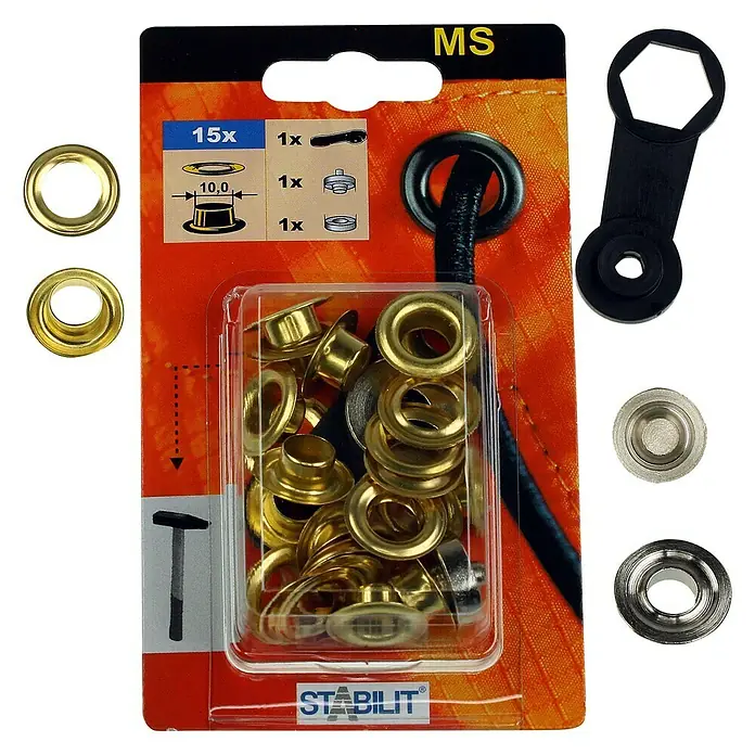 Stabilit Öse - Durchmesser: 10 mm, Vermessingt, 15 Stk. - Ein Set von 15 goldenen Ösen der Marke Stabilit, inklusive Werkzeug zum Anbringen, ideal für Bastel- und Reparaturarbeiten.