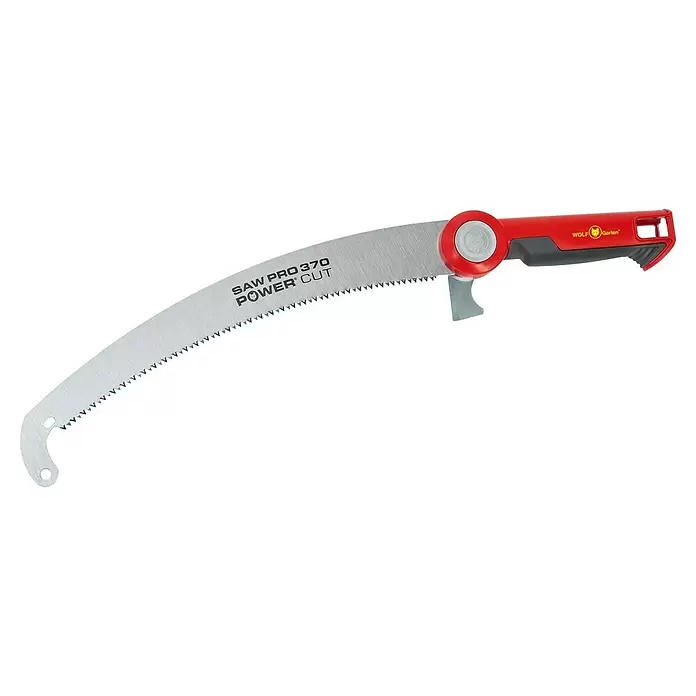 Wolf-Garten Baumsäge POWER CUT SAW PRO 370 - 37 cm - Gebogene WOLF-Garten SAW PRO 370 POWER CUT Astsäge mit silberner Klinge, rotem und grauem Griff.