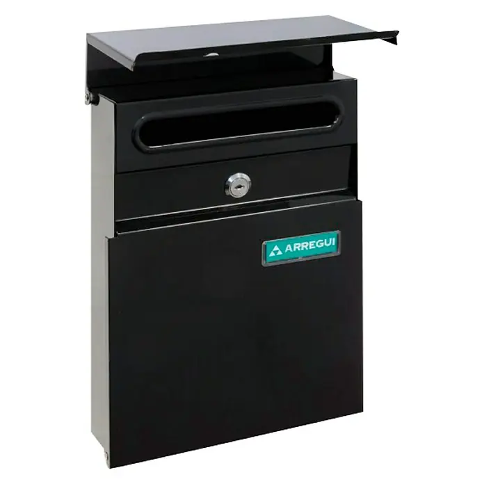 Arregui Line Buzón de pared E-68 - L x An x Al: 23 x 6,5 x 30,5 cm, Negro, Acero - Buzón Arregui negro con solapa. Ideal para uso exterior, ofrece un almacenamiento seguro del correo.