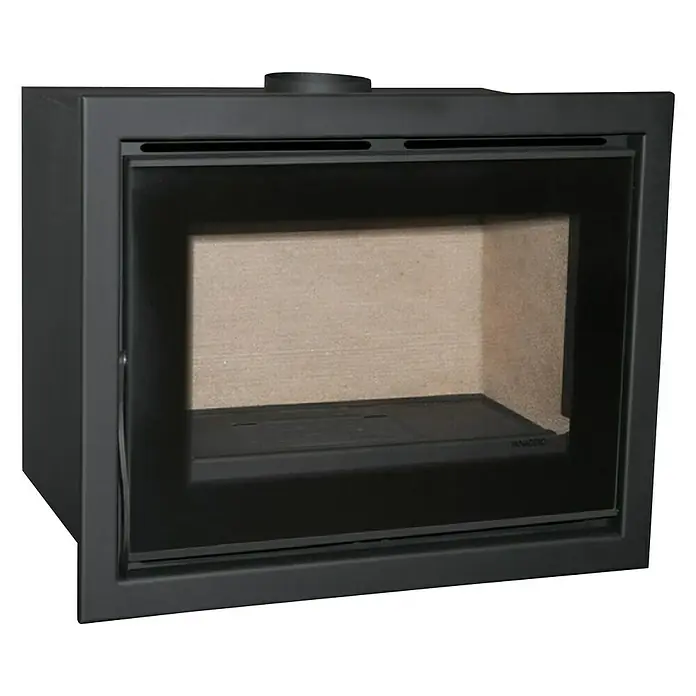 Panadero Insert de leña C-720-S - L x An x Al: 57,4 x 70 x 62,3 cm, 7 kW, 220 m³, Antracita - Imagen del producto de un inserto de chimenea negro con frente de cristal. El inserto tiene un diseño moderno y elegante, ofreciendo una gran visión del fuego.