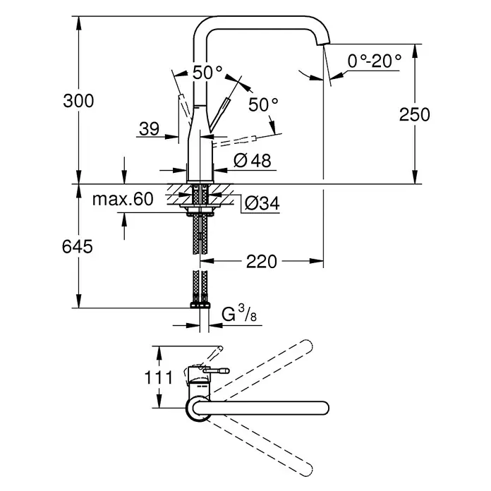 Grohe Essence Spültischarmatur - U-Auslauf, Cool Sunrise, Matt - Technische Zeichnung einer Armatur mit Abmessungen. Das Design umfasst einen Auslauf, einen Griff und Befestigungsdetails.