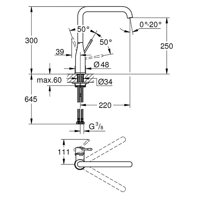 Grohe Essence Spültischarmatur - U-Auslauf, Supersteel, Matt - Technische Zeichnung eines Wasserhahns mit Maßangaben, die die Höhe, Breite und den Durchmesser der verschiedenen Komponenten zeigen.