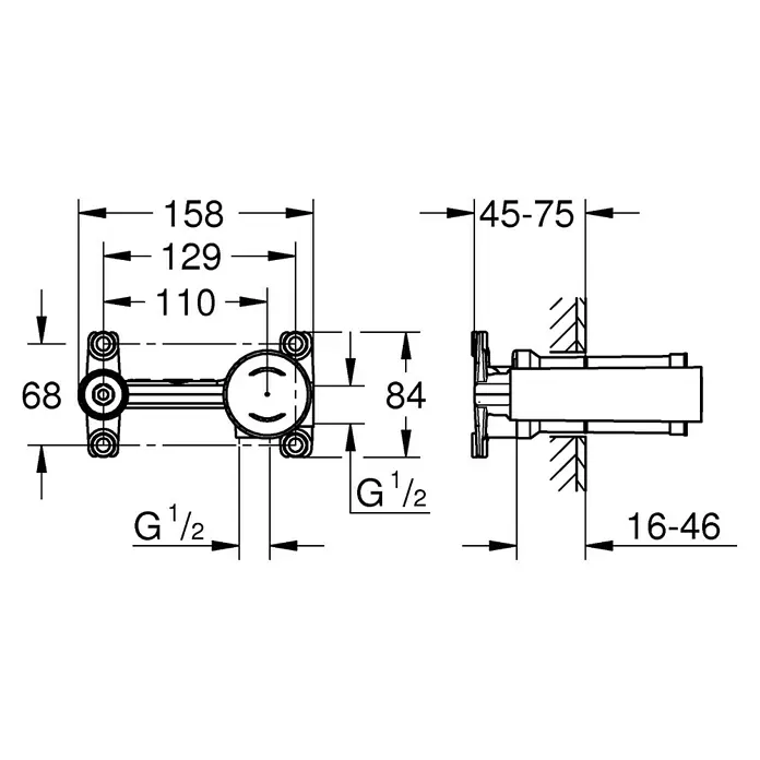 Grohe Eurodisc Joy Unterputzsystem - Einbautiefe: 45 mm - 75 mm, Blau/Gold - Produktskizze eines Sanitärartikels mit Maßangaben für Installation. Detaillierte Ansicht zur einfachen Montage und Anpassung.