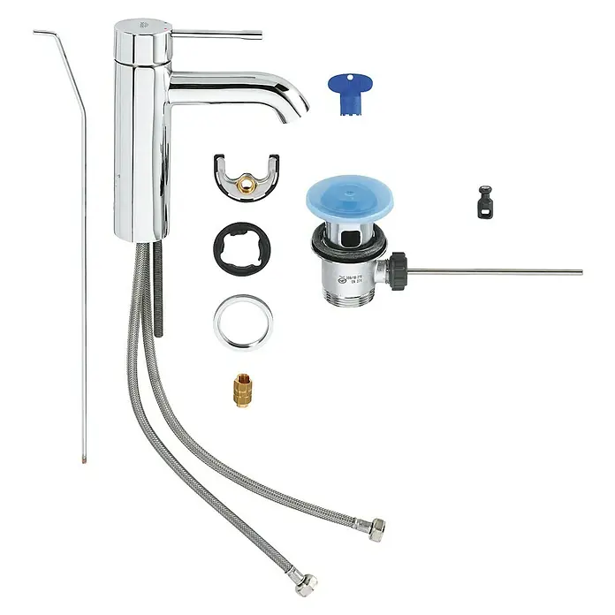 Grohe Essence New Waschtischarmatur S-Size - Mit Zugstange, Chrom, Glänzend - Einbaufähige Armatur mit Zubehör, einschließlich Schläuchen und Dichtungen, für die Installation und den Anschluss an ein Spülbecken.