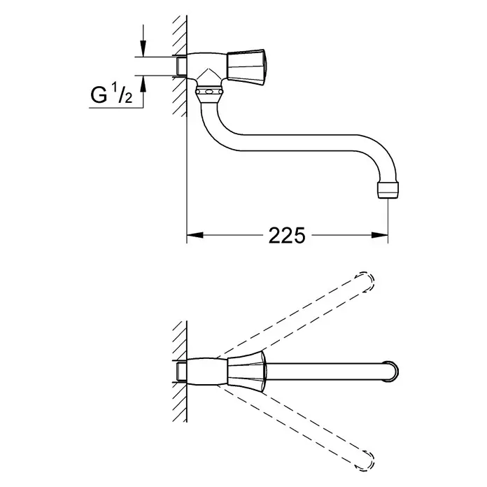 Grohe Kaltwasser-Wandventil Costa L - Chrom - Abbildung einer schwenkbaren Wandarmatur mit den Maßen und der Kennzeichnung G 1/2 für den Wasseranschluss.