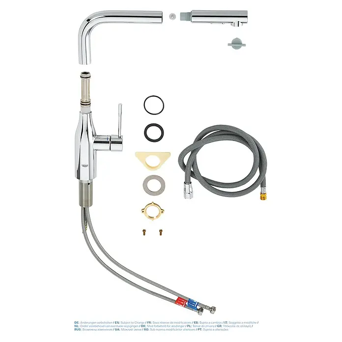 Grohe Essence Spültischarmatur - L-Auslauf, Chrom, Glänzend - Produktbild einer Grohe Armatur mit Zubehörteilen, ideal für Bad und Küche.