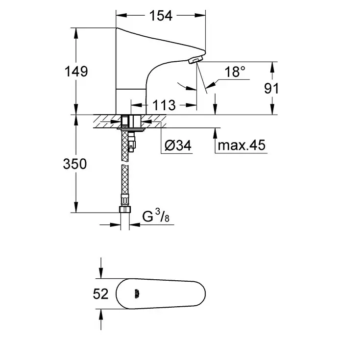 Grohe Europlus Waschtischarmatur batteriebetrieben - Infrarot-Elektronik, Chrom - Schemazeichnung einer Armatur mit Maßangaben. Die Zeichnung zeigt die Dimensionen und Anschlüsse des Wasserhahns.
