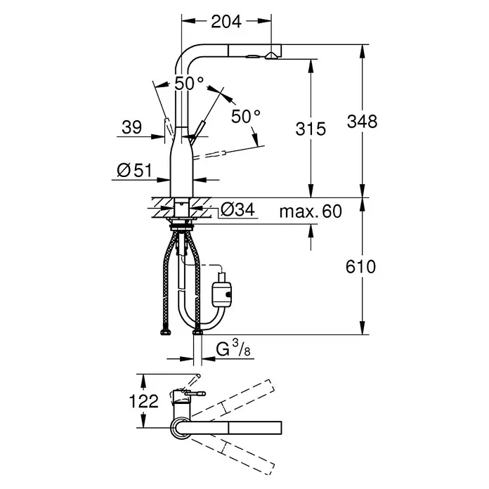Grohe Essence Spültischarmatur - L-Auslauf, Nickel, Glänzend - Abbildung eines Wasserhahns mit Bemaßung. Die Zeichnung zeigt die Abmessungen des Produkts, einschließlich Höhe, Breite und Durchmesser.