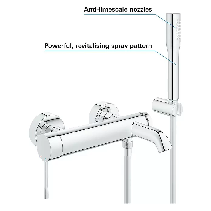 Grohe Essence Badewannenarmatur - Ausladung Armatur: 193 mm, Chrom, Glänzend, Handbrause - Chromfarbene Wand-Bad-/Duscharmatur mit Einhebelmischer, integriertem Umsteller und Handbrause mit Antikalkdüsen.