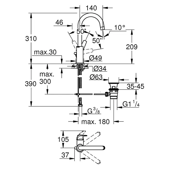 Grohe BauFlow Waschtischarmatur L-Size - Chrom, Glänzend - Abbildung eines Waschbeckenhahns mit Maßangaben zu Höhe (max. 390 mm), Ausladung (140 mm) und Durchmesser verschiedener Komponenten.