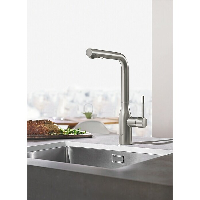 Grohe Essence Spültischarmatur (Supersteel, Matt, Ausziehbare Dual-Spülbrause)