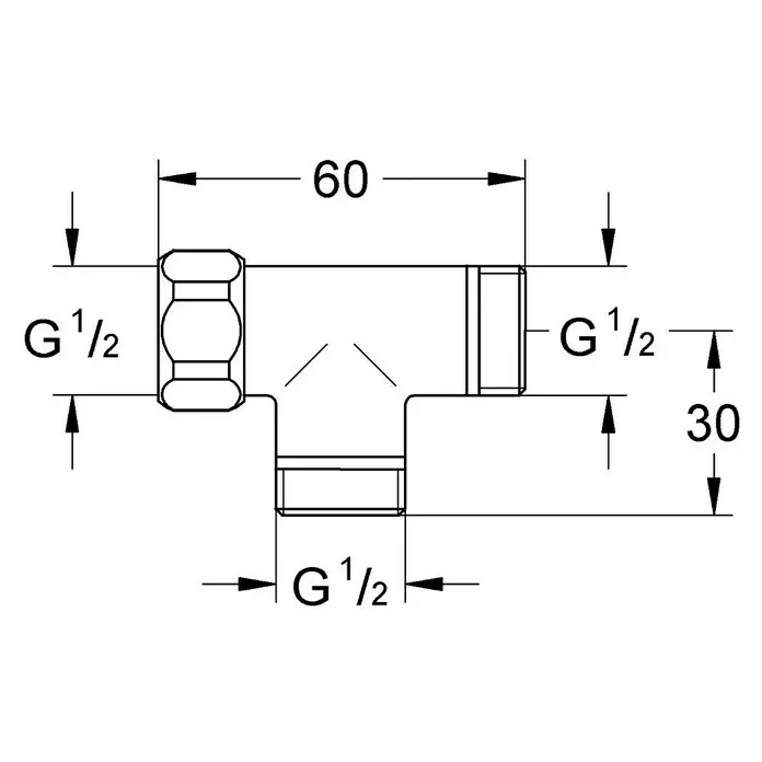 Grohe T-Stück Universal - Passend für: Wannen- und Brausearmaturen, Gewinde: ½″ - Schematische Darstellung eines T-Stücks mit den Maßen 60 mm Länge und 30 mm Höhe, sowie einem G 1/2 Zoll Anschluss auf allen drei Seiten.